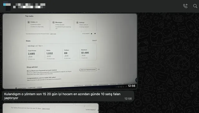 Eyüp'ün Etsy paneli ve mesajı: günde 10 satış