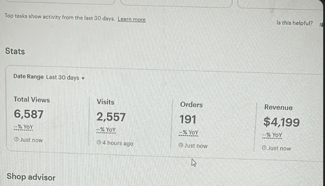 Eyüp'ün Etsy paneli: son 30 günde 6.587 görüntüleme, 191 sipariş, 4.199 dolar