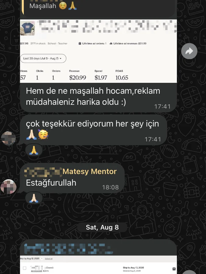 Satıcı mesajı: reklam müdahalesi sonrası 10,65 ROAS