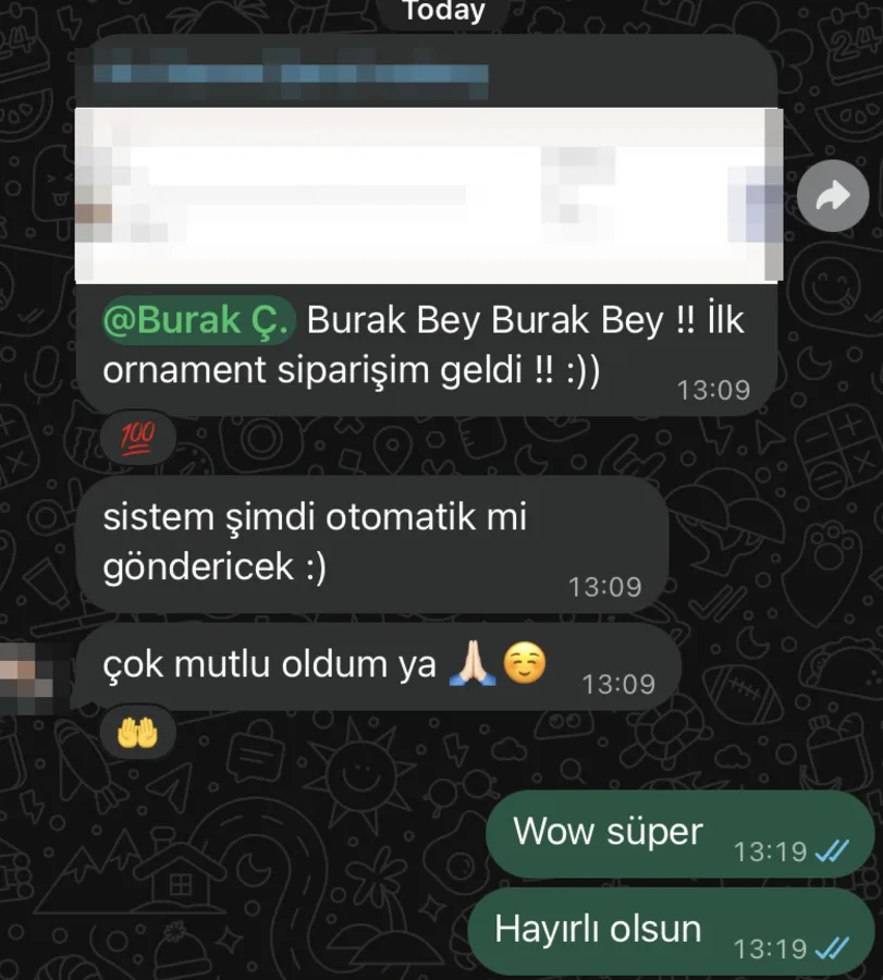 Satıcı mesajı: ilk ornament siparişim geldi, çok mutlu oldum